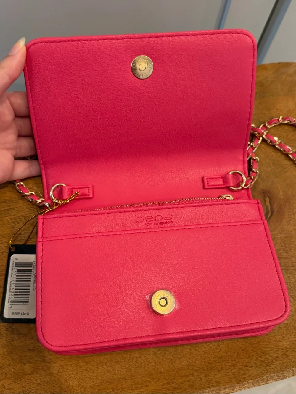 bebe Stanley Crossbody Bag in Barbie Pink with Chain Strap